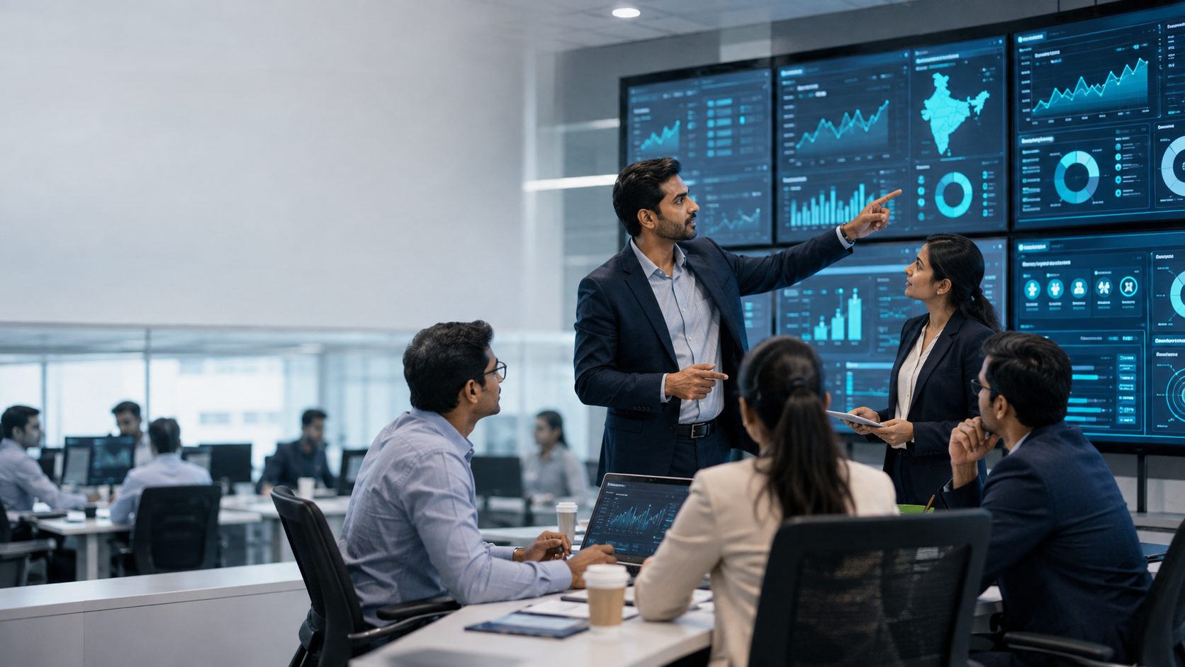 Technology and workforce team reviewing a live dashboard